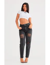PRETTYLITTLETHING Washed Black Distressed Mom Jeans