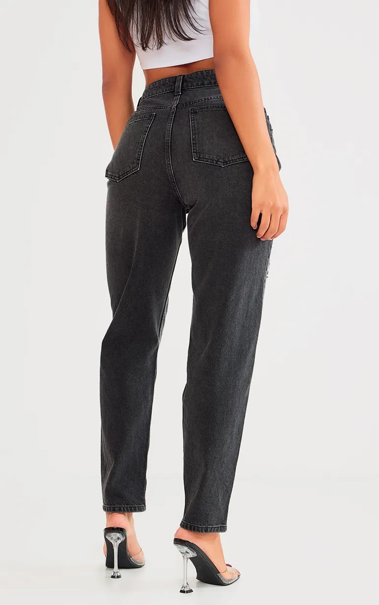 PRETTYLITTLETHING Washed Black Distressed Mom Jeans - 2