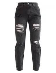PRETTYLITTLETHING Washed Black Distressed Mom Jeans - 4