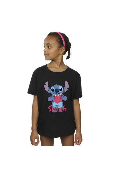 Lilo & Stitch Girls Reading Standing Cotton T-Shirt - Black