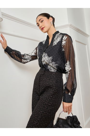 Women Black Embroidered Buttoned Blouse
