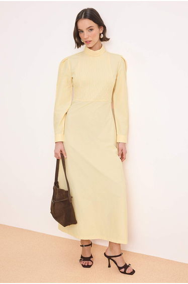 Light Yellow Unlined Plain Woven Terrycotton Hijab Dress