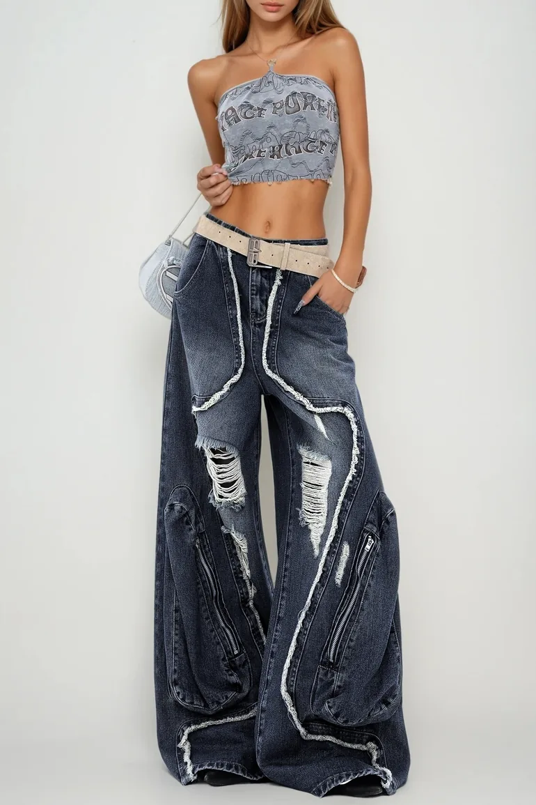 Dessislava Fringe Ripped Wide Leg Jeans - 1