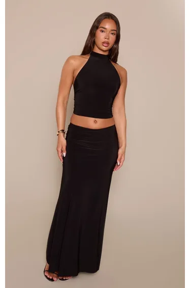Black Halter Trim Detail Backless Top