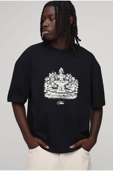 Oversized Boxy Fountain Print T-Shirt - black