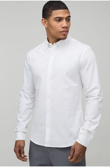 Slim Fit Button Down Collar Oxford Long Sleeve Shirt - white