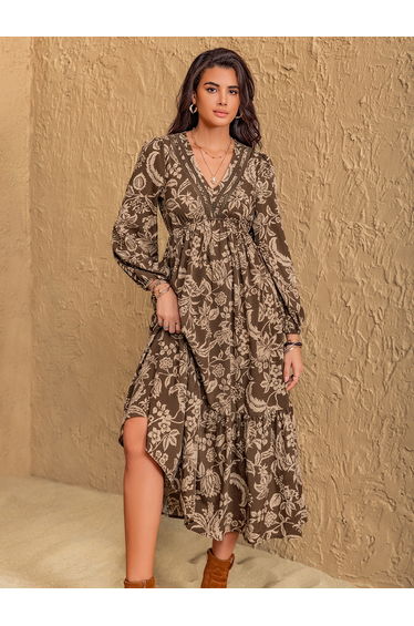 Floral Print V Neck A-Line Midi Dress