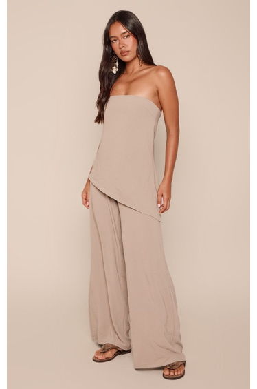 Mushroom Textured Woven Bandeau Overlay Wide Leg Jumpsuit