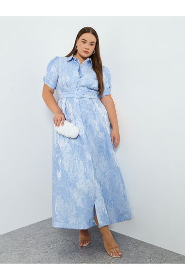 Plus Size Blue Jacquard A-Line Maxi Dress