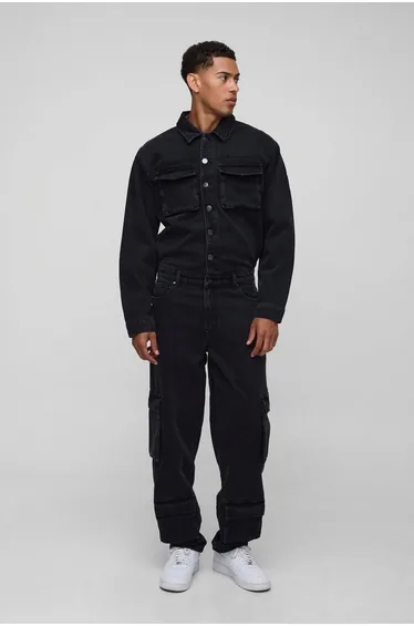 Long Sleeve Relaxed Washed Cargo Denim Boilersuit - washed black