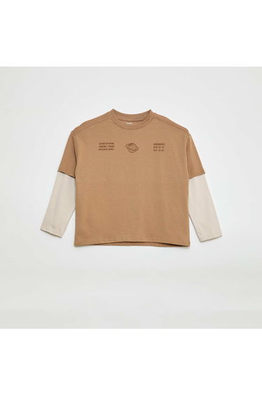 2-in-1 Effect Long-Sleeved T-Shirt Brown