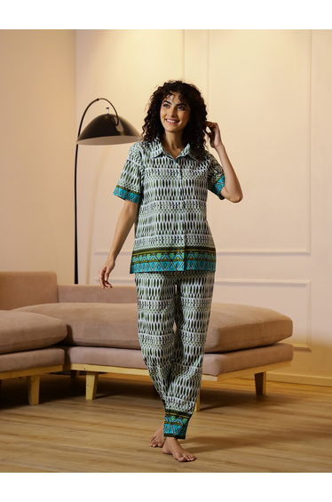 Geometric Printed Cotton Shirt and Pyjama Set