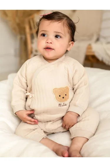 Cozy Crew Club Baby The Teddy Bear Boucle Wrap Baby Grow Romper in Beige