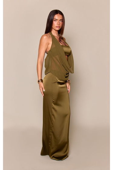 Olive Satin Mid Rise Maxi Skirt Co-ord