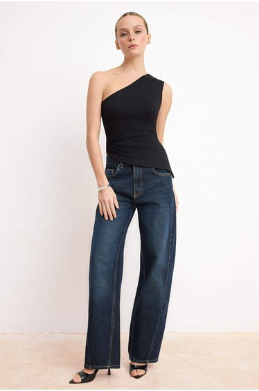Black Bodycon Asymmetric Neckline Accessory Detail Crop Cotton Stretchy Knitted Blouse