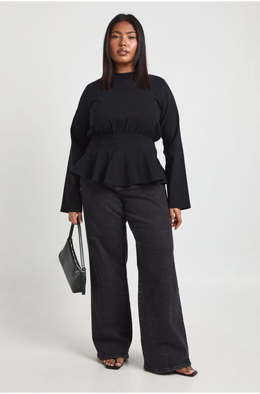 Plus Long Sleeve Frill Hem Top - black