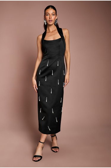 Halter Satin Midi Dress With Pearl
