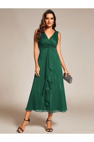 ever MEI|Glitter Sleeveless A-Line Midi Wedding Guest Dress with Ruffled Hem