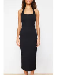 Black Halter Neck Column Midi Dress - 2
