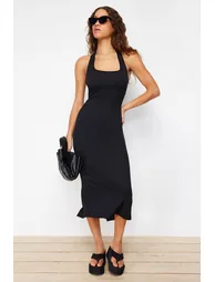 Black Halter Neck Column Midi Dress