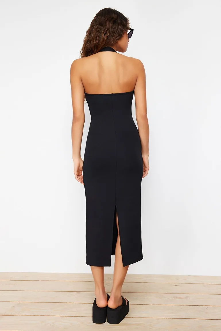 Black Halter Neck Column Midi Dress - 5