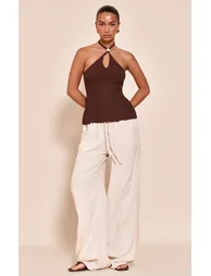 Chocolate Halterneck Bead Detail Knit Top - 2