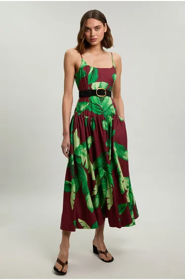 Petite Viscose Linen Palm Tree Belted Drop Waist Woven Midi Dress