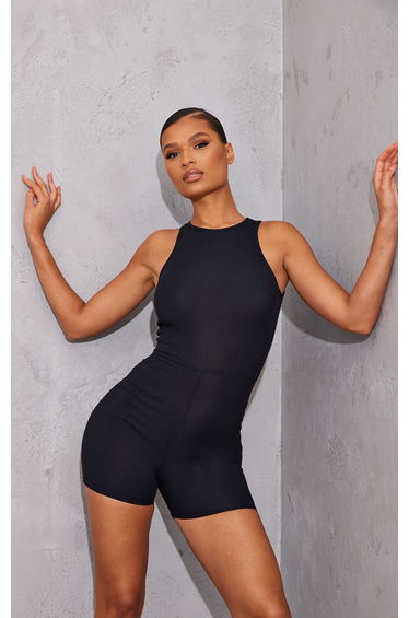 Black Ribbed Racer Neck Unitard