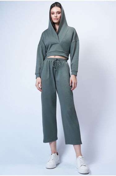 Women's Walnut Green Hooded Double Breasted Loose Cut Modal Bottom Top Set