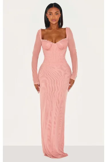 Shape Peach Mesh Lace Insert Corseted Maxi Dress