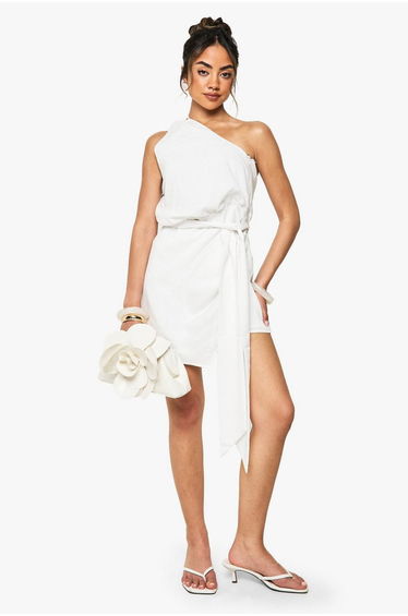Linen Look Wrap Detail Mini Dress - white