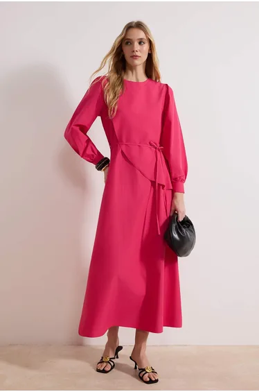 Pink A-Line Maxi Dress with Long Sleeves