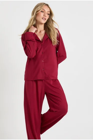 Petite Soft Touch Button Through Shirt and Trouser Pyjama Set - burgundy