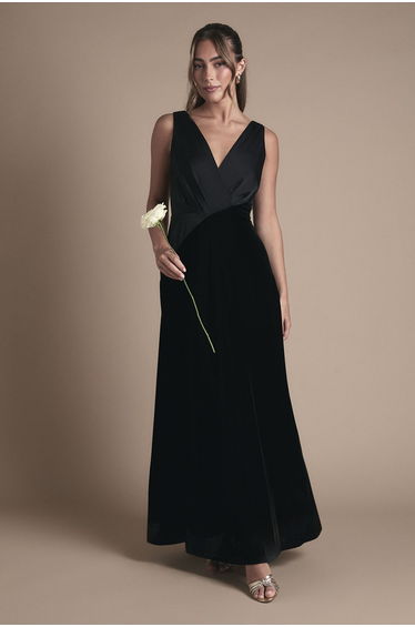 Velvet Contrast V Neck Full Skirt Maxi Dress