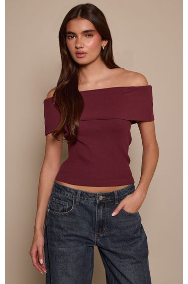 Wine Contour Rib Fold Over Bardot Detail Long Top