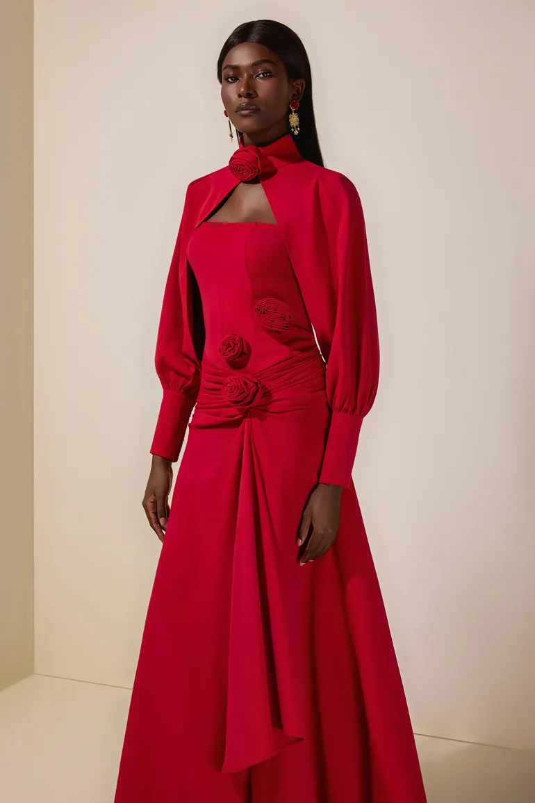 3D Flower Ruched Maxi Dress With Cape - 3