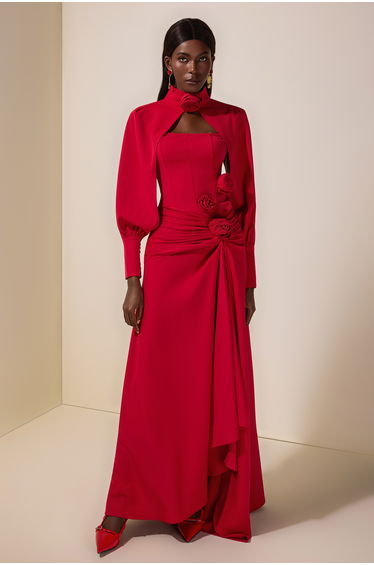 3D Flower Ruched Maxi Dress With Cape