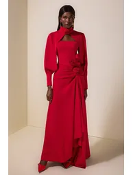 3D Flower Ruched Maxi Dress With Cape