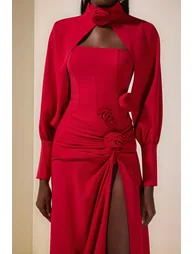 3D Flower Ruched Maxi Dress With Cape - 8