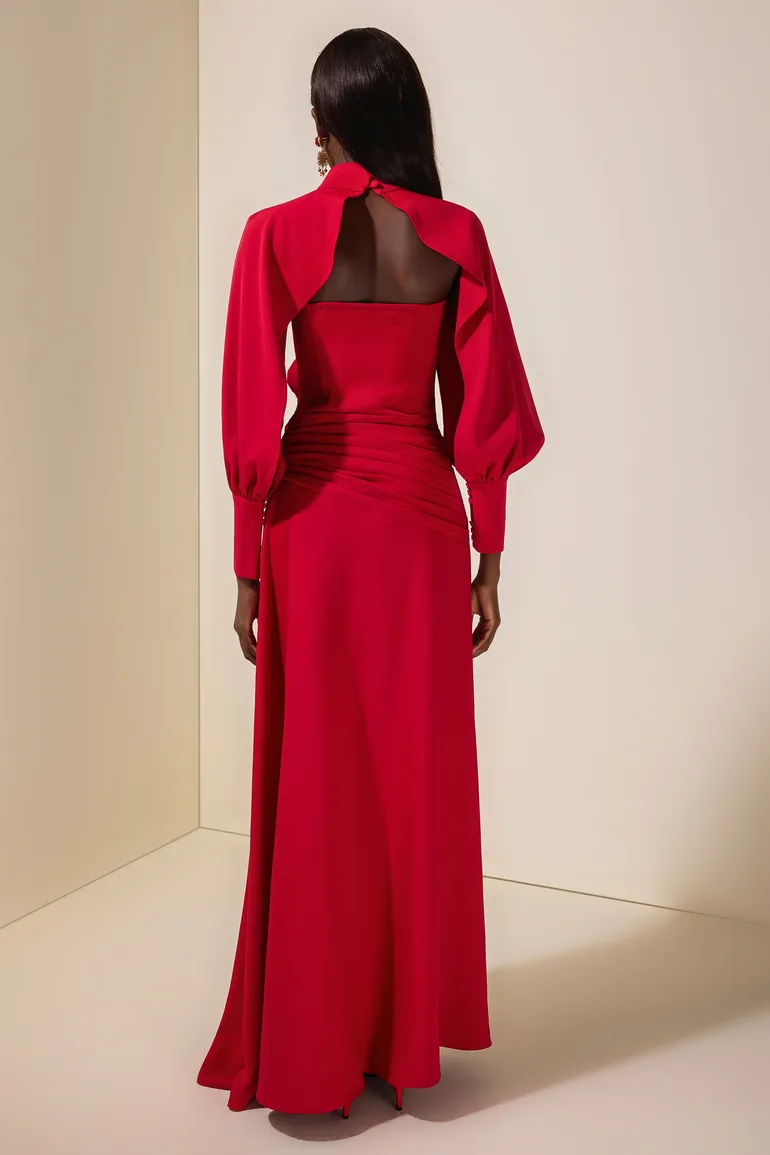 3D Flower Ruched Maxi Dress With Cape - 1