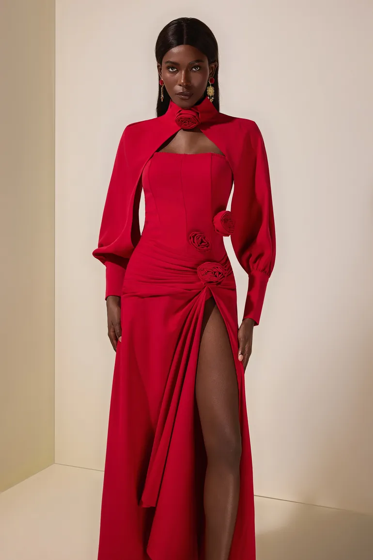 3D Flower Ruched Maxi Dress With Cape - 2