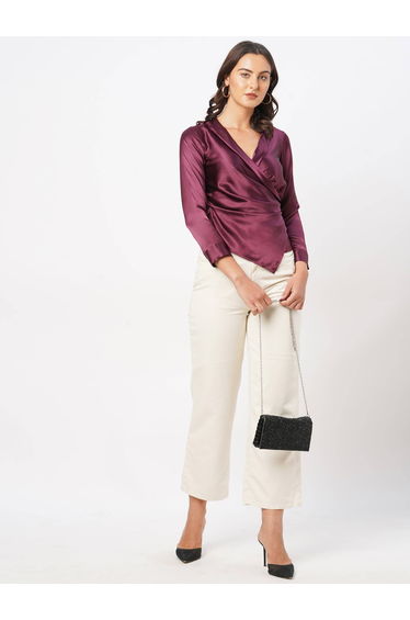 Satin Wrap Style Top with Side Pleat Detail