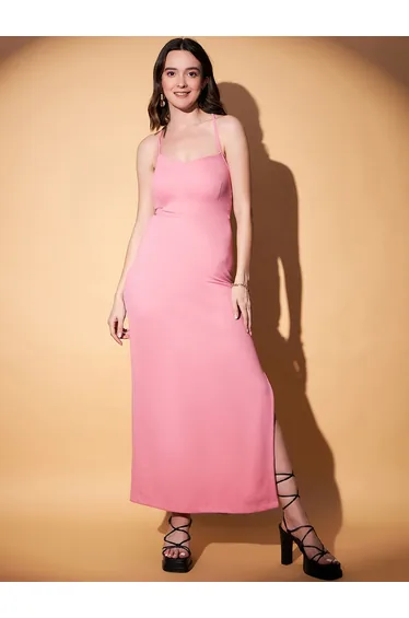 فستان زهري ماكسي بقصة مستقيمة بياقة هالتر