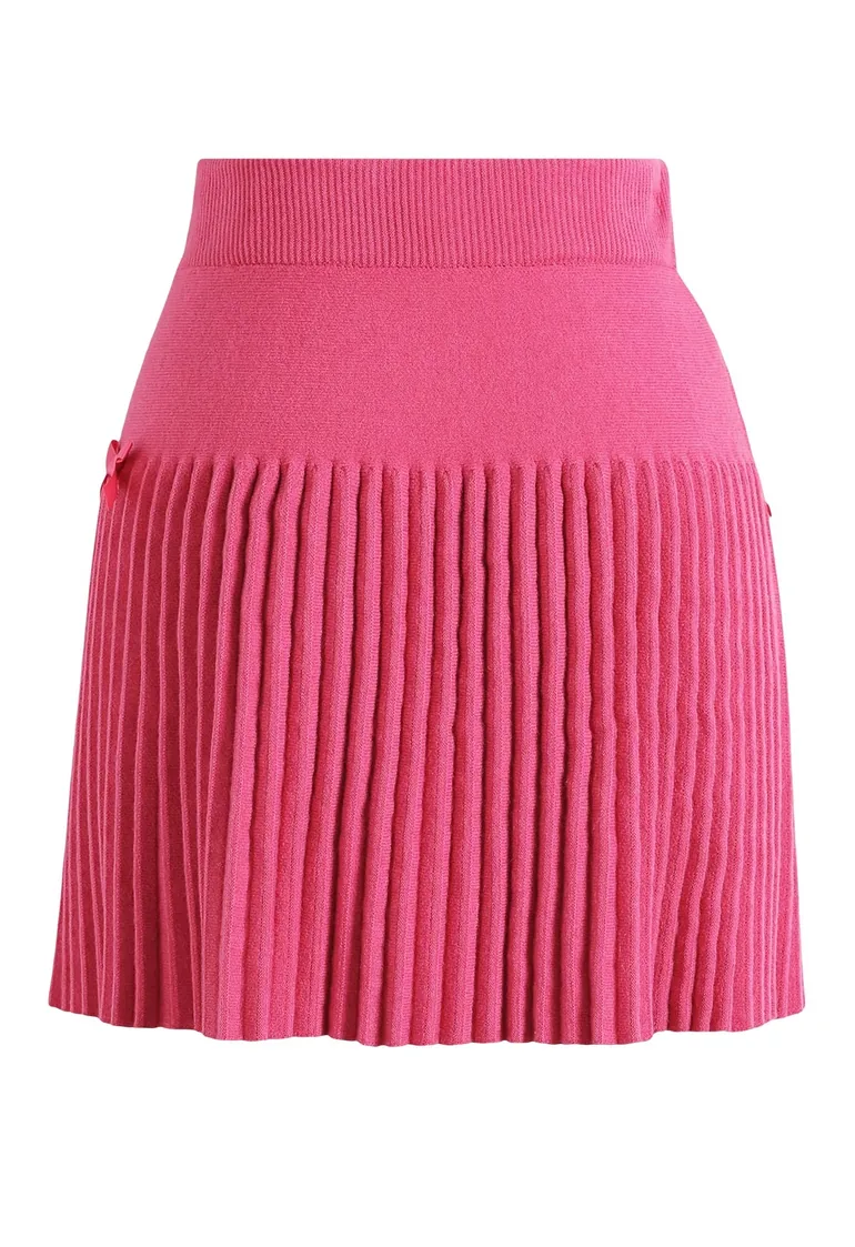 Bowknot Embellished Pleated Knit Mini Skirt in Hot Pink for Holiday Parties & Festive Gatherings - 4