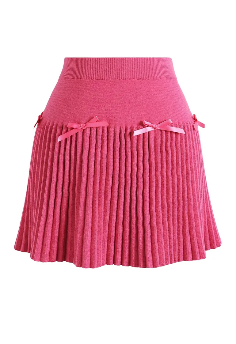 Bowknot Embellished Pleated Knit Mini Skirt in Hot Pink for Holiday Parties & Festive Gatherings