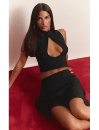 Black Satin Jacquard Flippy Mini Skirt - 2