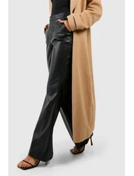 بنطلون بخصر عالي بحافة واسعة بمظهر جلد - أسود  - 3