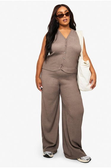 Plus Crinkle Plisse Elasticated Wide Leg Trouser - taupe