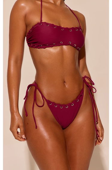 Plum Eyelet Detail Tie Side Bikini Bottoms