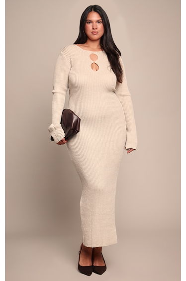 Plus Oatmeal Ribbed Keyhole Knitted Midaxi Dress